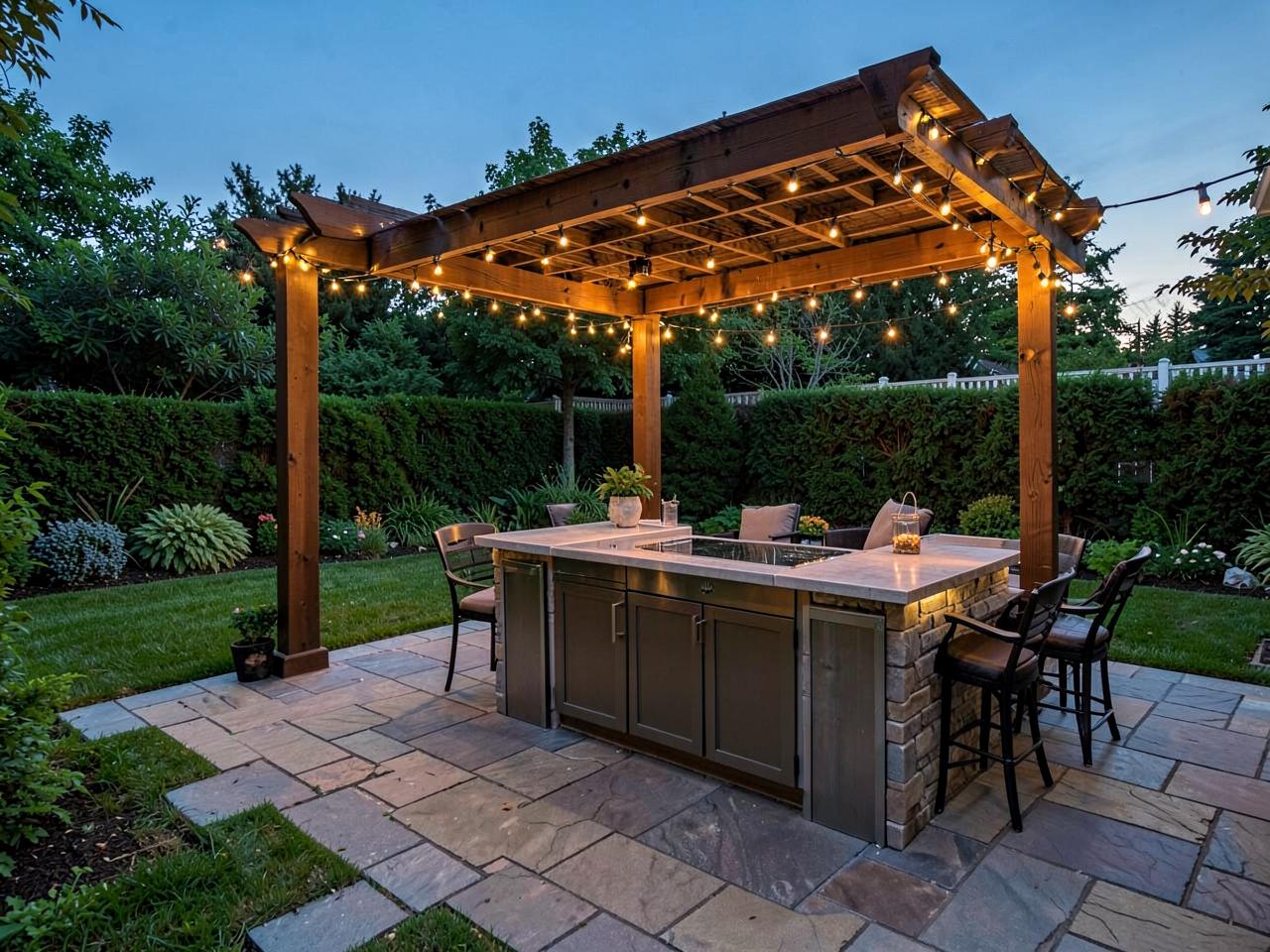 Outdoor kitchen under a pergola with string lighting on a stone patio
